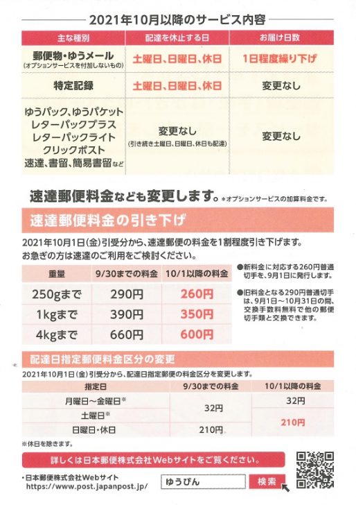 郵便局 ２０２１年 令和３年 １０月から郵便物 手紙 はがき ゆうメールのサービスを一部変更 エースホームブログ